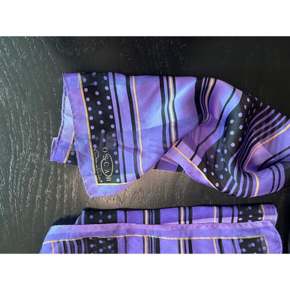 Oscar- Oscar De La Renta- silky purple black polka dots- neck scarf- gold - Picture 7 of 7